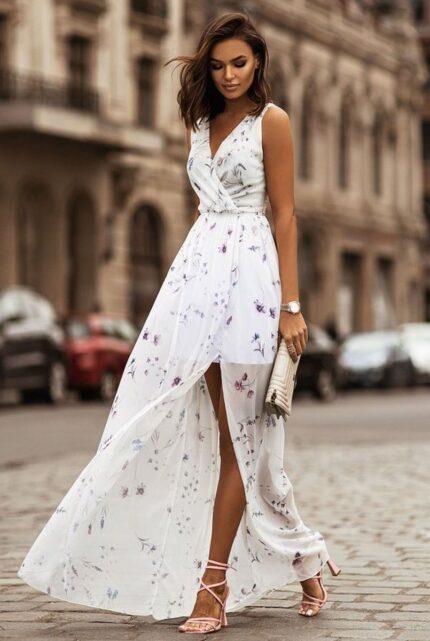 Weisses spektakuläres Chiffon Maxikleid mit Schlitz