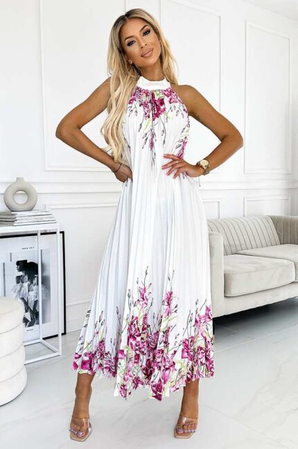 Weisses plissiertes Satin Maxikleid mit Blumenaufdruck
