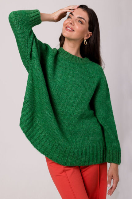 Grüner Rundhals Pullover mit Fledermausärmel