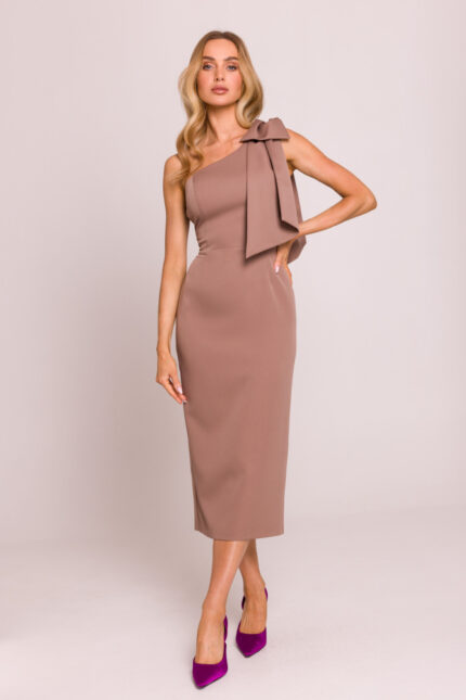 One Shoulder Midikleid mit großer Schleife in Mocca